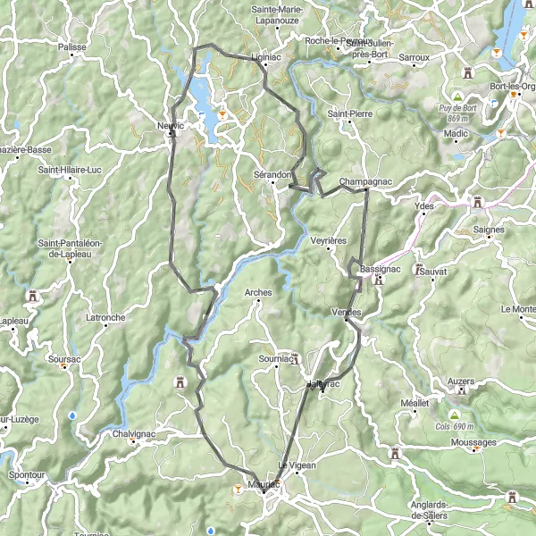 Miniature de la carte de l'inspiration cycliste "Aventure au coeur de la nature" dans la Auvergne, France. Générée par le planificateur d'itinéraire cycliste Tarmacs.app