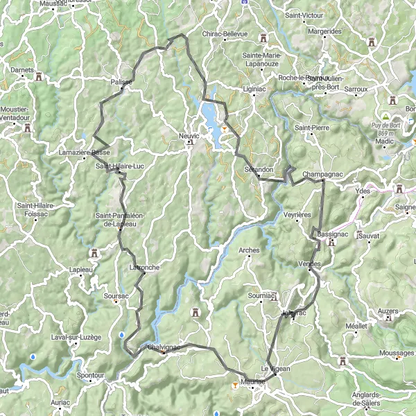 Map miniature of "Mauriac Countryside Ride" cycling inspiration in Auvergne, France. Generated by Tarmacs.app cycling route planner