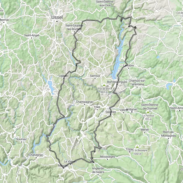 Map miniature of "Mauriac Mountain Challenge" cycling inspiration in Auvergne, France. Generated by Tarmacs.app cycling route planner