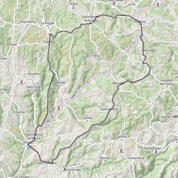 Map miniature of "Challenging Cayrols and Marcolès Road Cycling Route" cycling inspiration in Auvergne, France. Generated by Tarmacs.app cycling route planner