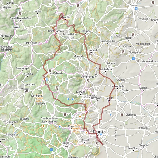 Miniature de la carte de l'inspiration cycliste "Les trésors cachés de l'Auvergne" dans la Auvergne, France. Générée par le planificateur d'itinéraire cycliste Tarmacs.app