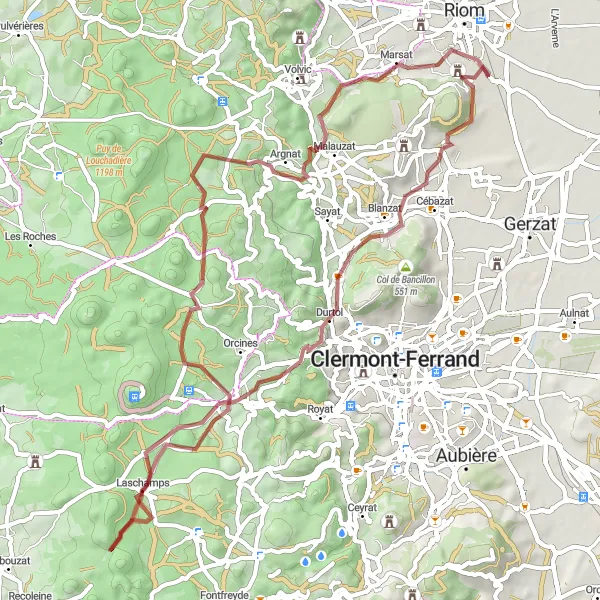 Miniature de la carte de l'inspiration cycliste "Aventure Gravel autour de Ménétrol" dans la Auvergne, France. Générée par le planificateur d'itinéraire cycliste Tarmacs.app