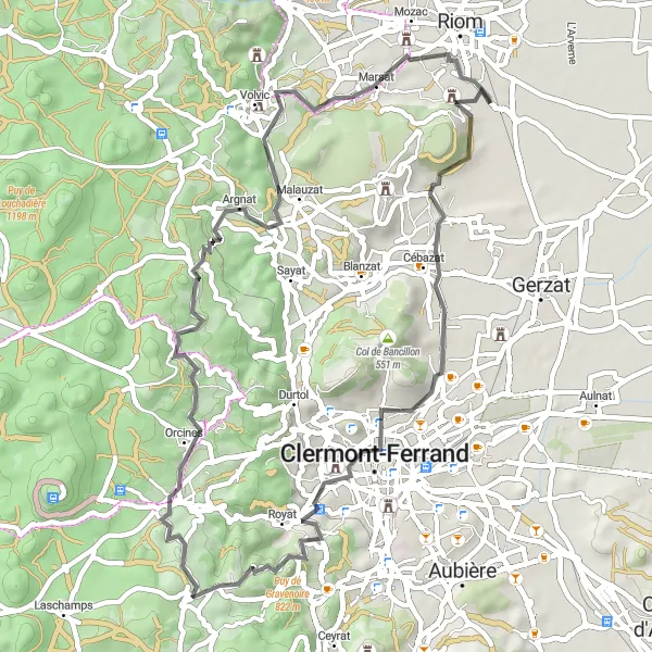 Miniature de la carte de l'inspiration cycliste "Défi des Volcans en Road Cycling" dans la Auvergne, France. Générée par le planificateur d'itinéraire cycliste Tarmacs.app