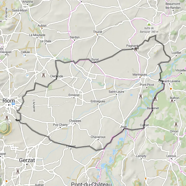 Miniature de la carte de l'inspiration cycliste "Les Châteaux et Villages d'Auvergne" dans la Auvergne, France. Générée par le planificateur d'itinéraire cycliste Tarmacs.app