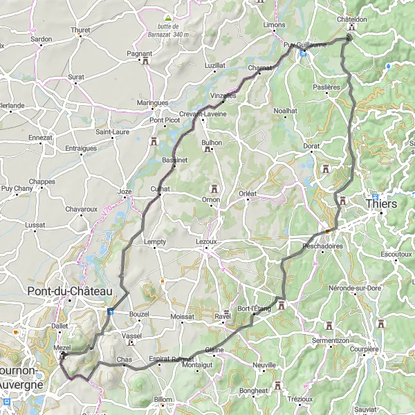 Miniature de la carte de l'inspiration cycliste "Boucle à vélo de Culhat à Chauriat" dans la Auvergne, France. Générée par le planificateur d'itinéraire cycliste Tarmacs.app