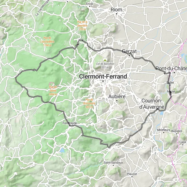 Miniature de la carte de l'inspiration cycliste "Virée jusqu'au Col de la Moréno" dans la Auvergne, France. Générée par le planificateur d'itinéraire cycliste Tarmacs.app