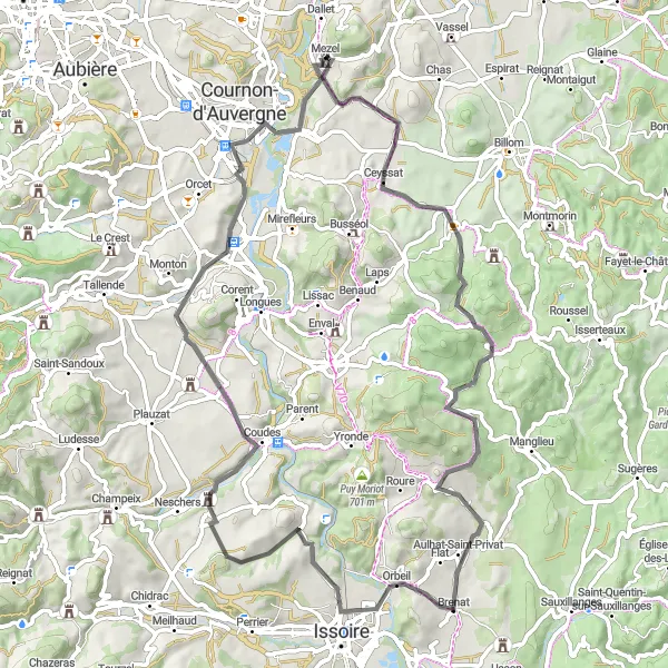 Miniature de la carte de l'inspiration cycliste "Parcours cyclable de Saint-Julien-de-Coppel à Château de Mezel" dans la Auvergne, France. Générée par le planificateur d'itinéraire cycliste Tarmacs.app