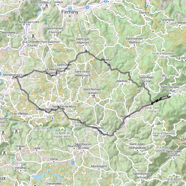 Map miniature of "The Semène Scenic Route" cycling inspiration in Auvergne, France. Generated by Tarmacs.app cycling route planner