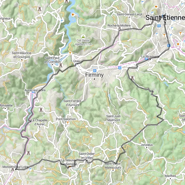 Map miniature of "Road Cycling around Saint-Étienne and La Séauve-sur-Semène" cycling inspiration in Auvergne, France. Generated by Tarmacs.app cycling route planner