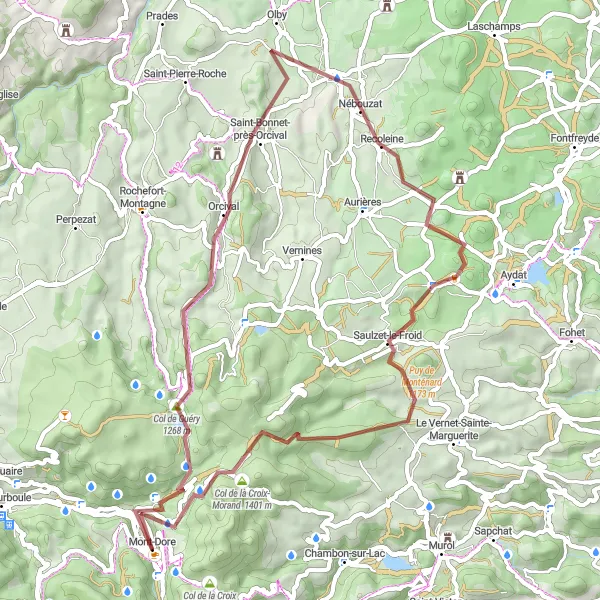Map miniature of "Scenic Gravel Route with Volcanic Wonders" cycling inspiration in Auvergne, France. Generated by Tarmacs.app cycling route planner