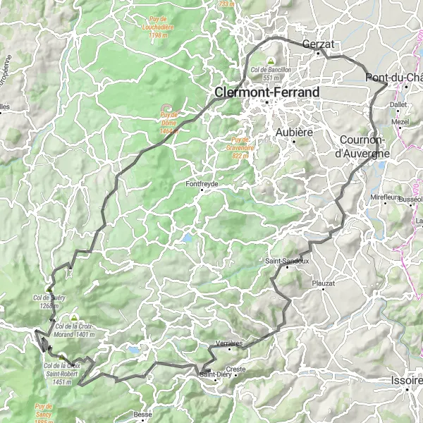 Map miniature of "Les Volcans Route" cycling inspiration in Auvergne, France. Generated by Tarmacs.app cycling route planner