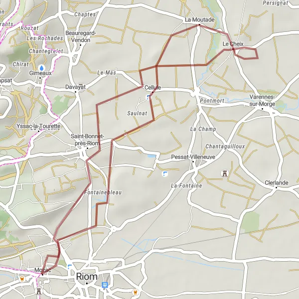 Map miniature of "The Le Cheix Trail" cycling inspiration in Auvergne, France. Generated by Tarmacs.app cycling route planner