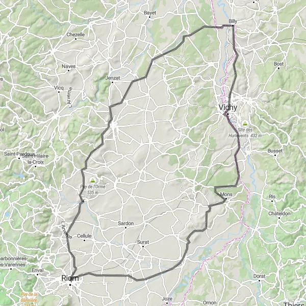 Map miniature of "Mozac to Riom and Vichy Circuit" cycling inspiration in Auvergne, France. Generated by Tarmacs.app cycling route planner