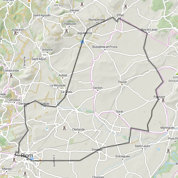 Map miniature of "The Davayat Loop" cycling inspiration in Auvergne, France. Generated by Tarmacs.app cycling route planner