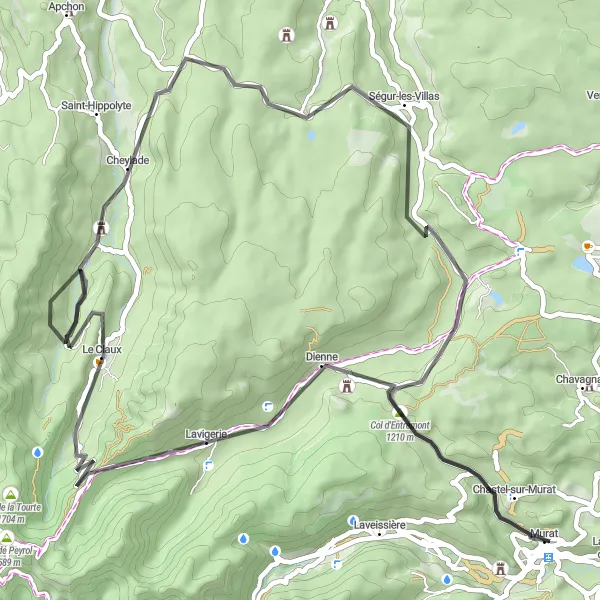 Miniature de la carte de l'inspiration cycliste "Tour des Monts du Cantal" dans la Auvergne, France. Générée par le planificateur d'itinéraire cycliste Tarmacs.app