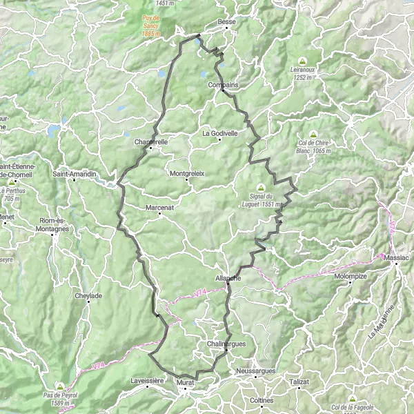 Miniature de la carte de l'inspiration cycliste "Challenge des Volcans et des Collines" dans la Auvergne, France. Générée par le planificateur d'itinéraire cycliste Tarmacs.app