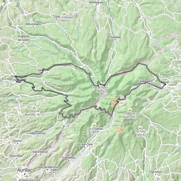 Miniature de la carte de l'inspiration cycliste "Les Volcans du Cantal" dans la Auvergne, France. Générée par le planificateur d'itinéraire cycliste Tarmacs.app