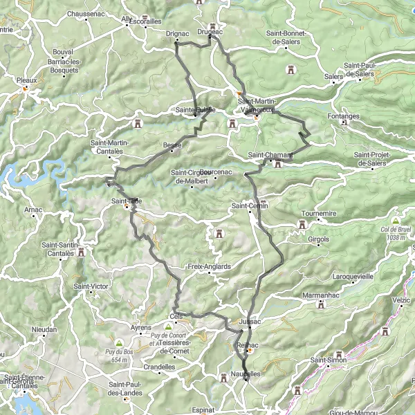 Map miniature of "Valleys and Villages Tour" cycling inspiration in Auvergne, France. Generated by Tarmacs.app cycling route planner