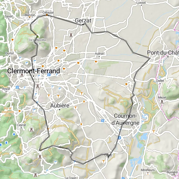 Map miniature of "The Gergovie and Bancillon Loop" cycling inspiration in Auvergne, France. Generated by Tarmacs.app cycling route planner