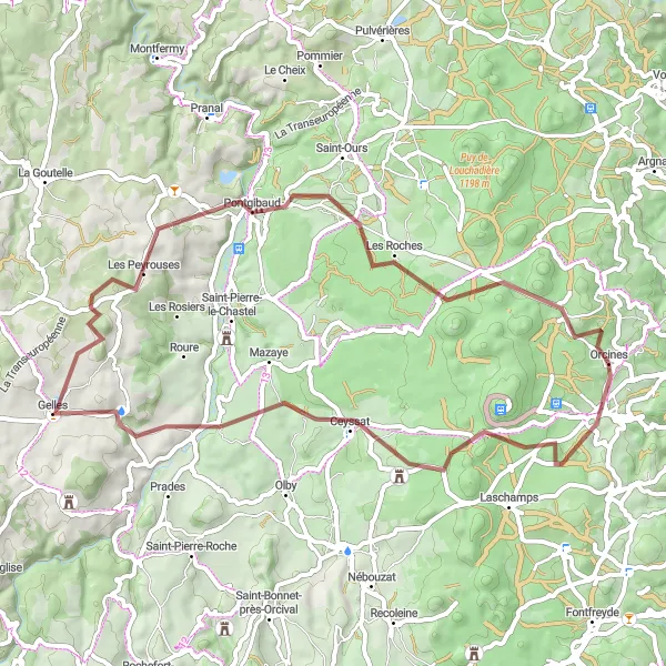 Miniature de la carte de l'inspiration cycliste "Les Volcans et les Vallées" dans la Auvergne, France. Générée par le planificateur d'itinéraire cycliste Tarmacs.app