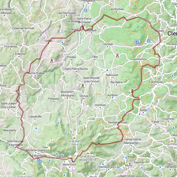 Map miniature of "The Montrodeix Gravel Adventure" cycling inspiration in Auvergne, France. Generated by Tarmacs.app cycling route planner