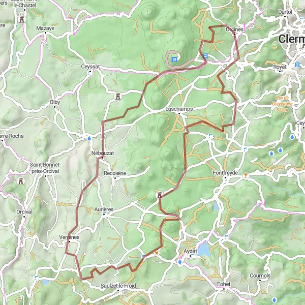 Miniature de la carte de l'inspiration cycliste "Montagnes et Volcans" dans la Auvergne, France. Générée par le planificateur d'itinéraire cycliste Tarmacs.app