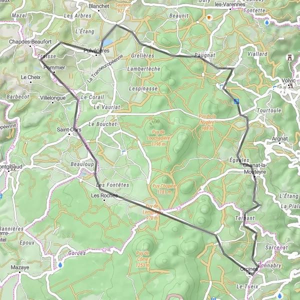 Miniature de la carte de l'inspiration cycliste "Promenade à vélo autour de Chapdes-Beaufort" dans la Auvergne, France. Générée par le planificateur d'itinéraire cycliste Tarmacs.app