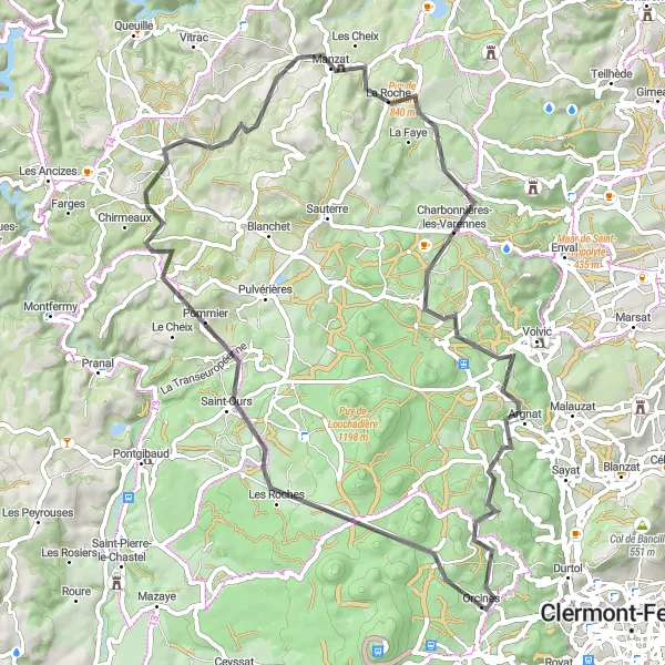 Miniature de la carte de l'inspiration cycliste "La Route des Goules Road Trip" dans la Auvergne, France. Générée par le planificateur d'itinéraire cycliste Tarmacs.app