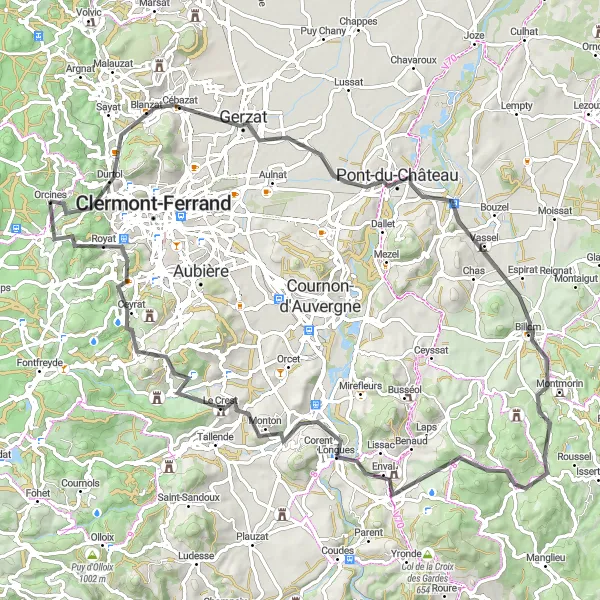 Map miniature of "The Gerzat Loop" cycling inspiration in Auvergne, France. Generated by Tarmacs.app cycling route planner