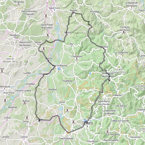 Map miniature of "Charnat to Pont Astier Cycling Route" cycling inspiration in Auvergne, France. Generated by Tarmacs.app cycling route planner