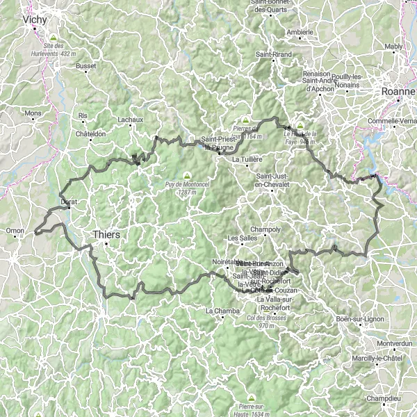 Miniature de la carte de l'inspiration cycliste "Défi Montagneux Vers Vollore-Ville" dans la Auvergne, France. Générée par le planificateur d'itinéraire cycliste Tarmacs.app