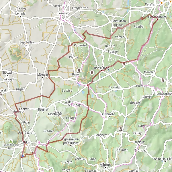 Map miniature of "Bort-l'Étang Gravel Adventure" cycling inspiration in Auvergne, France. Generated by Tarmacs.app cycling route planner