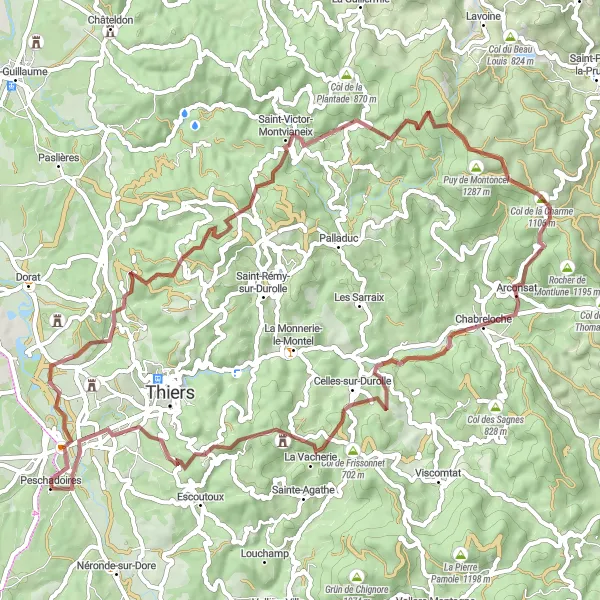 Map miniature of "Adventure in the Gravel Roads of Auvergne" cycling inspiration in Auvergne, France. Generated by Tarmacs.app cycling route planner