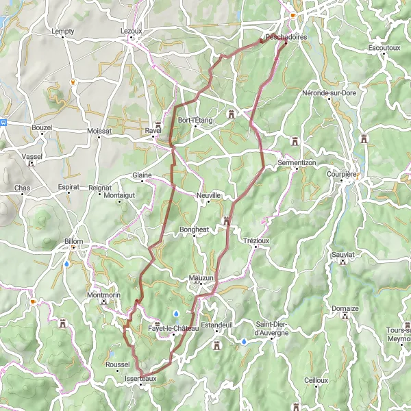 Map miniature of "Peschadoires and Surrounding Gravel Route" cycling inspiration in Auvergne, France. Generated by Tarmacs.app cycling route planner