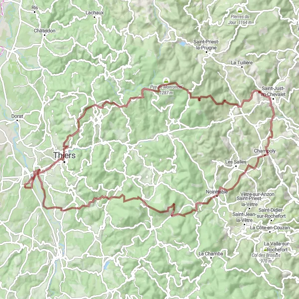 Map miniature of "Gravel Adventure to Cherished Spots in Auvergne" cycling inspiration in Auvergne, France. Generated by Tarmacs.app cycling route planner