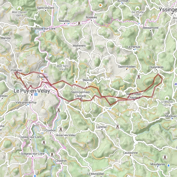 Map miniature of "Discover the Hidden Gems near Polignac" cycling inspiration in Auvergne, France. Generated by Tarmacs.app cycling route planner