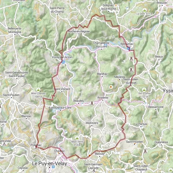 Miniature de la carte de l'inspiration cycliste "La boucle des gorges de la Loire" dans la Auvergne, France. Générée par le planificateur d'itinéraire cycliste Tarmacs.app