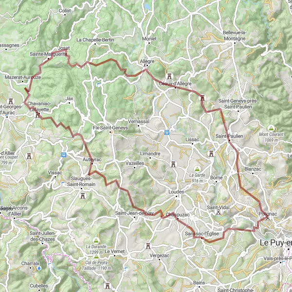 Map miniature of "The Gravel Adventure to Mont Denise" cycling inspiration in Auvergne, France. Generated by Tarmacs.app cycling route planner