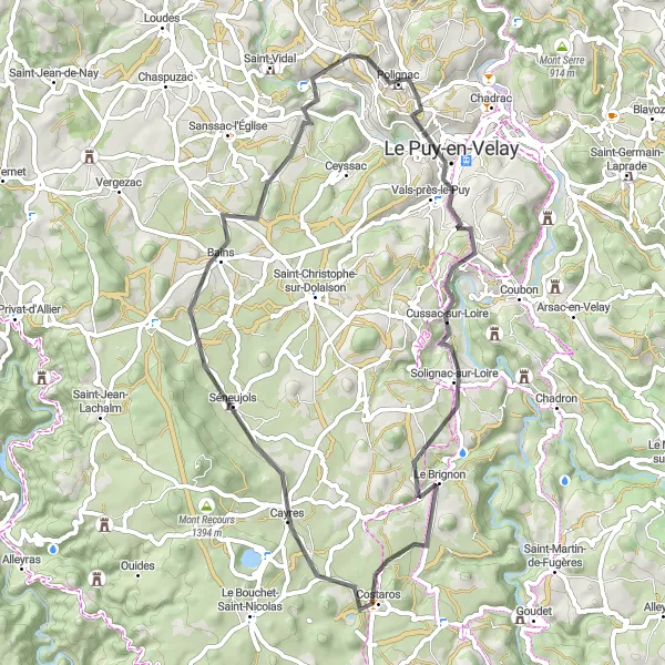 Map miniature of "The Puy-en-Velay Exploration" cycling inspiration in Auvergne, France. Generated by Tarmacs.app cycling route planner