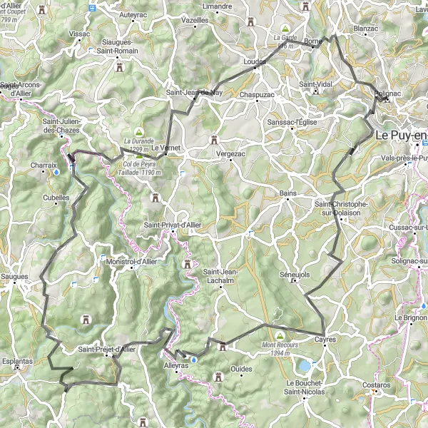 Miniature de la carte de l'inspiration cycliste "Parcours autour de Polignac via Mont Denise" dans la Auvergne, France. Générée par le planificateur d'itinéraire cycliste Tarmacs.app