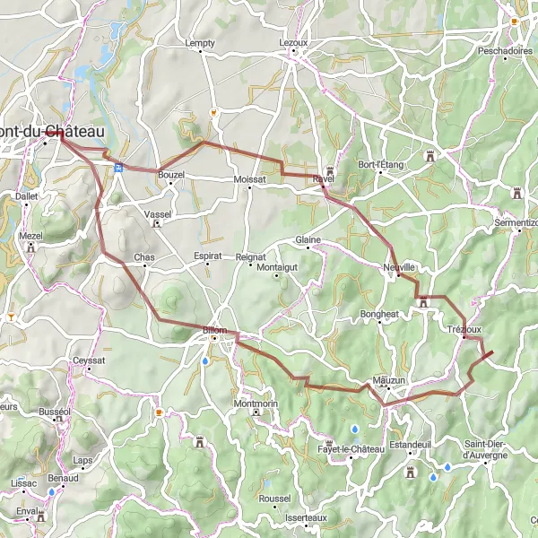 Map miniature of "Château de Ravel Gravel Trail" cycling inspiration in Auvergne, France. Generated by Tarmacs.app cycling route planner