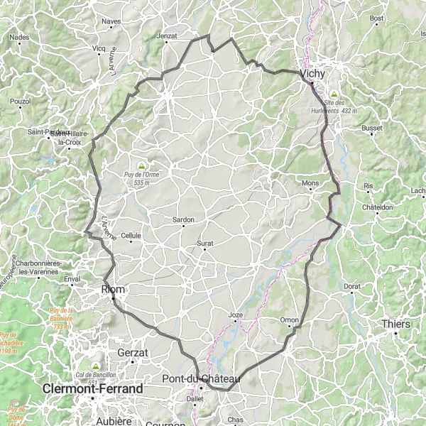 Map miniature of "Riom to Pont-du-Château Loop" cycling inspiration in Auvergne, France. Generated by Tarmacs.app cycling route planner