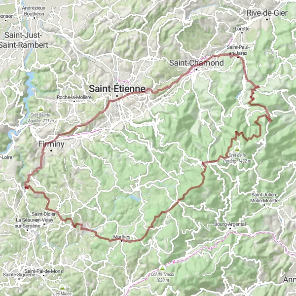 Map miniature of "Challenging Gravel Circuit through Saint-Ferréol-d'Auroure and Saint-Étienne" cycling inspiration in Auvergne, France. Generated by Tarmacs.app cycling route planner