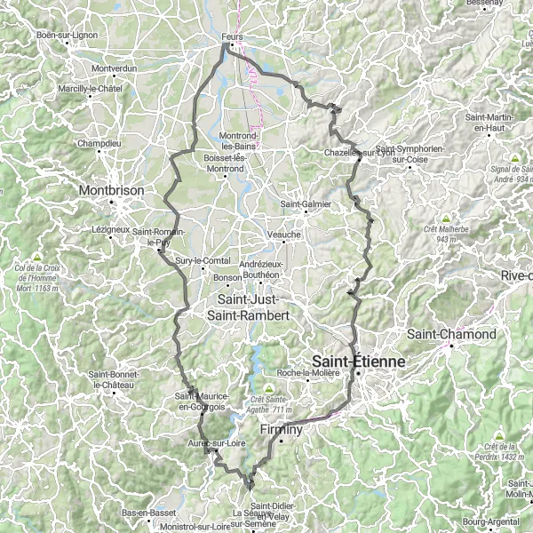 Miniature de la carte de l'inspiration cycliste "Le Grand Tour des Collines et des Observatoires" dans la Auvergne, France. Générée par le planificateur d'itinéraire cycliste Tarmacs.app