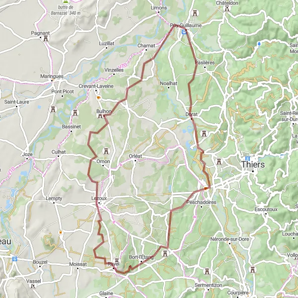 Map miniature of "Gravel Adventure to Paslières, ILOA, Bort-l'Étang, Lezoux, and Charnat" cycling inspiration in Auvergne, France. Generated by Tarmacs.app cycling route planner