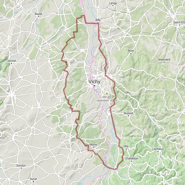 Miniature de la carte de l'inspiration cycliste "Exploration des Monts de l'Auvergne en gravel bike" dans la Auvergne, France. Générée par le planificateur d'itinéraire cycliste Tarmacs.app