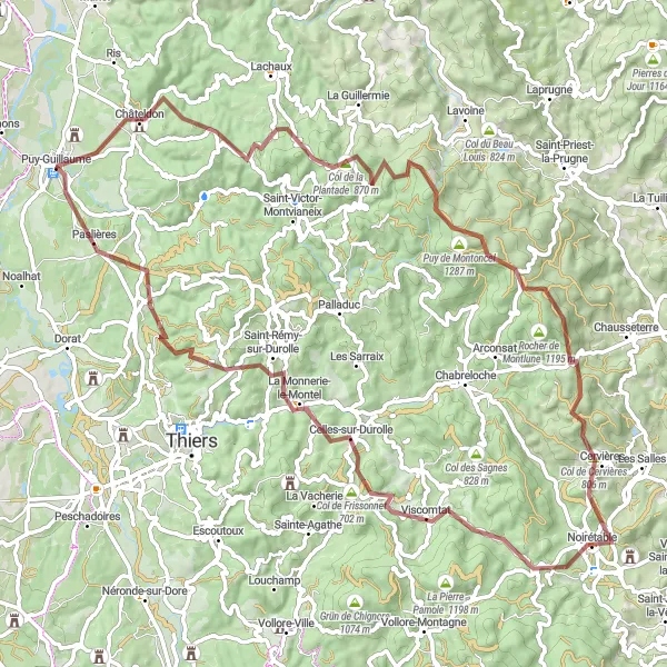 Miniature de la carte de l'inspiration cycliste "Défi des Collines d'Auvergne en gravel bike" dans la Auvergne, France. Générée par le planificateur d'itinéraire cycliste Tarmacs.app