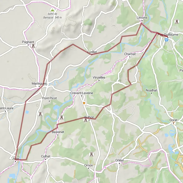 Map miniature of "Gravel Adventure to Bulhon, Maringues, and Limons" cycling inspiration in Auvergne, France. Generated by Tarmacs.app cycling route planner
