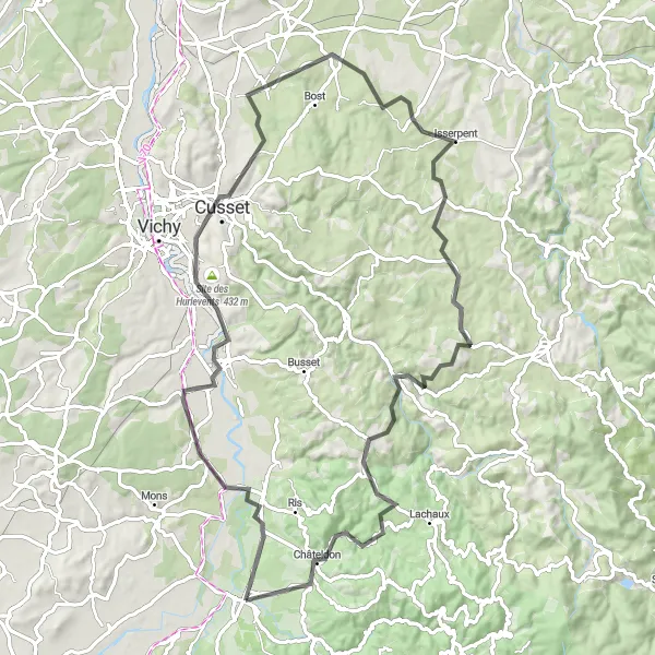 Miniature de la carte de l'inspiration cycliste "Les collines verdoyantes de l'Auvergne" dans la Auvergne, France. Générée par le planificateur d'itinéraire cycliste Tarmacs.app