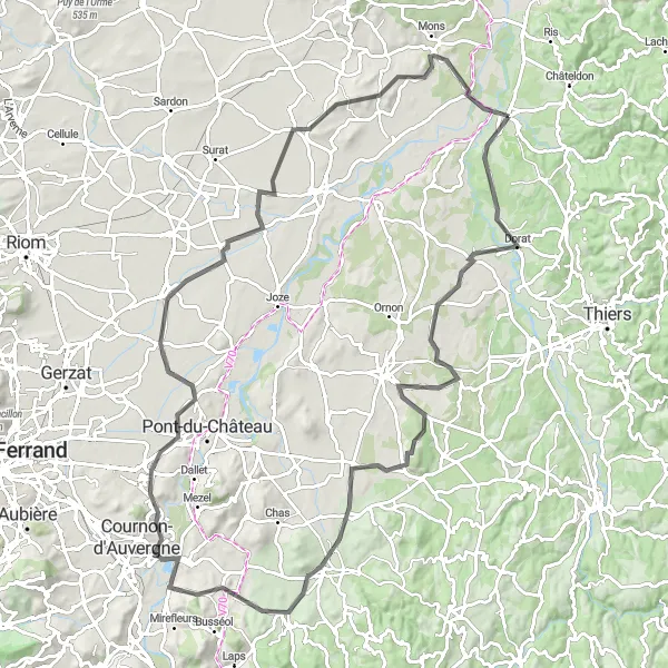 Miniature de la carte de l'inspiration cycliste "Le tour des villages pittoresques" dans la Auvergne, France. Générée par le planificateur d'itinéraire cycliste Tarmacs.app